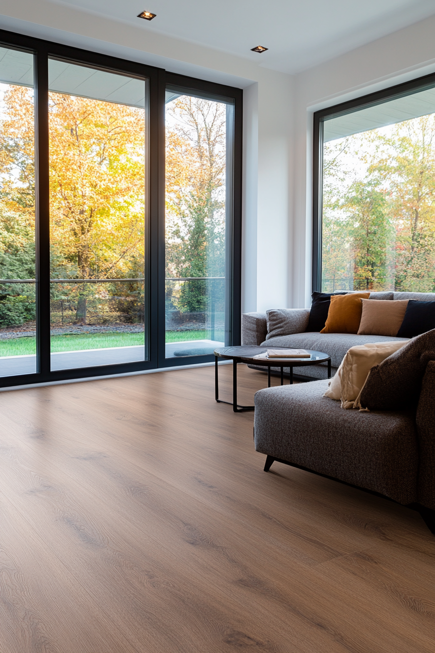 Close-up of wide plank vinyl flooring in a neutral color