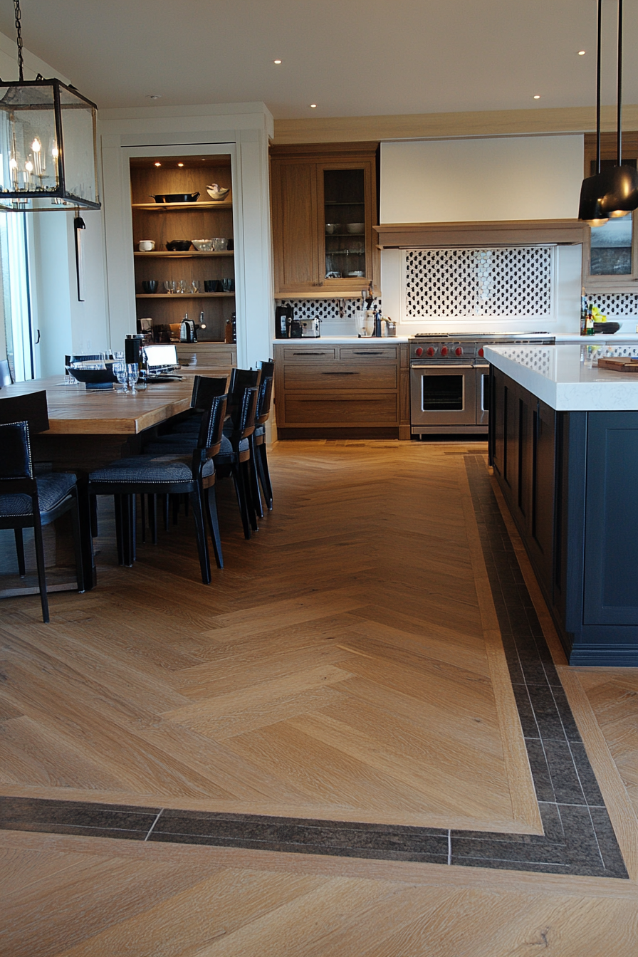 Flooring with bold zoning using contrasting materials