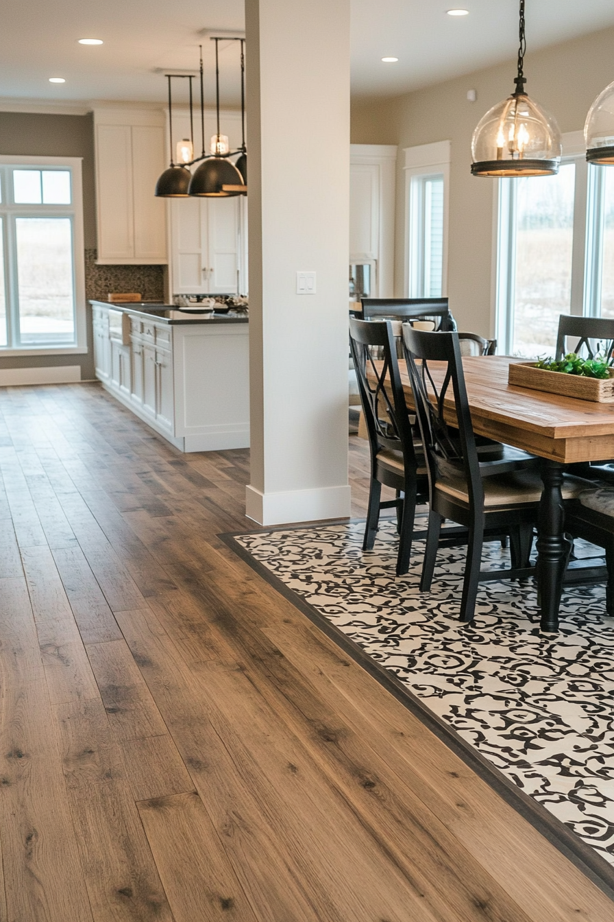 Close-up of contrasting flooring materials creating distinct zones