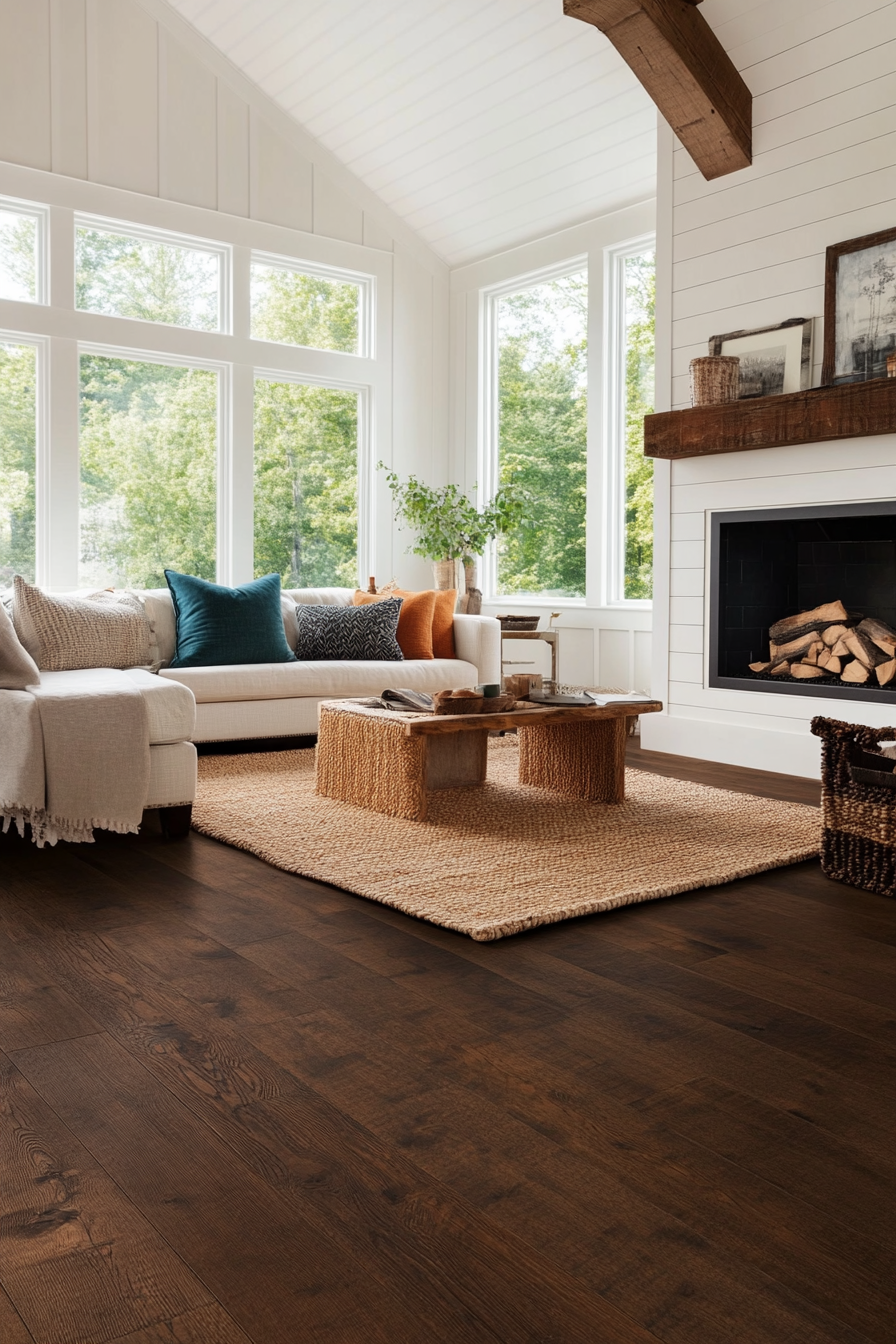 Close-up of deep-stained rustic hardwood floors