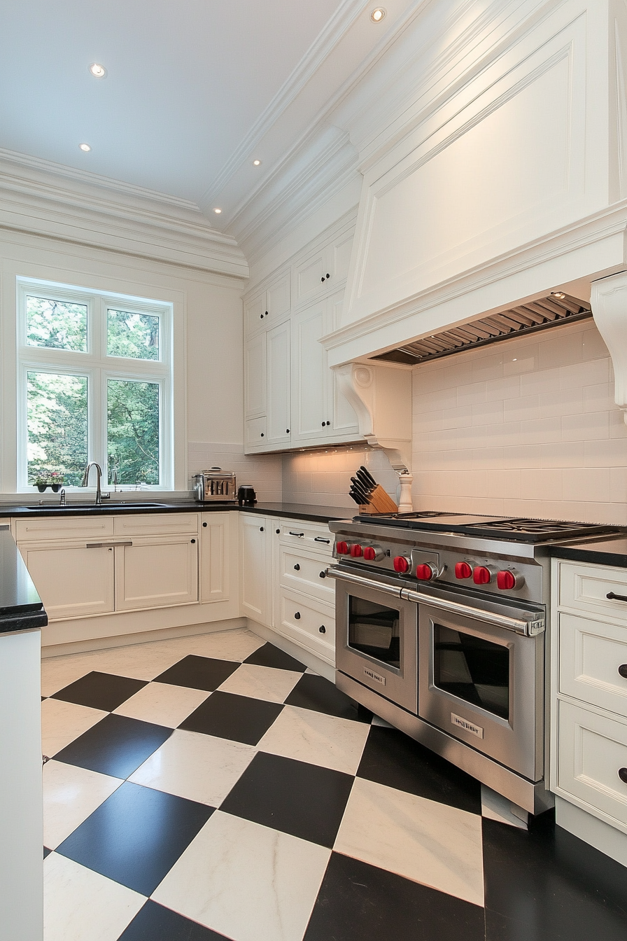 Detailed black and white floor tiles in a checkerboard pattern
