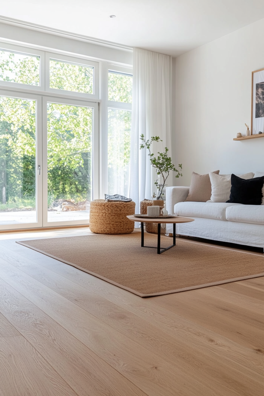 Close-up of light wood flooring in a Scandinavian-style home