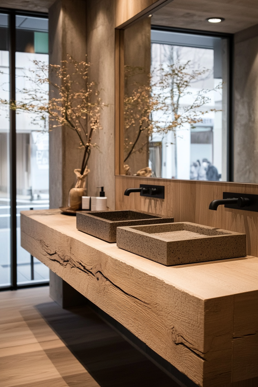 A minimalist wooden vanity with clean lines, perfect for Japandi bathrooms