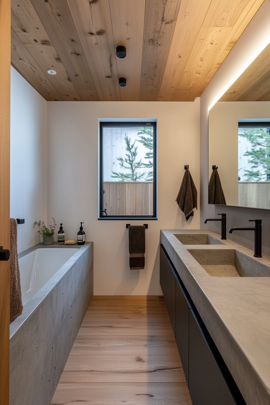 Concrete countertop with sleek black hardware in Japandi bathroom