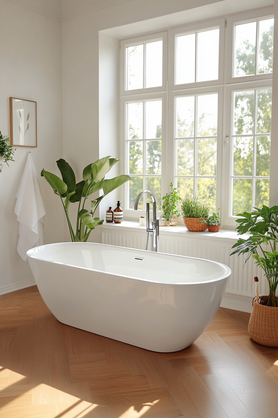 Freestanding soaking tub near a large window in Japandi bathroom