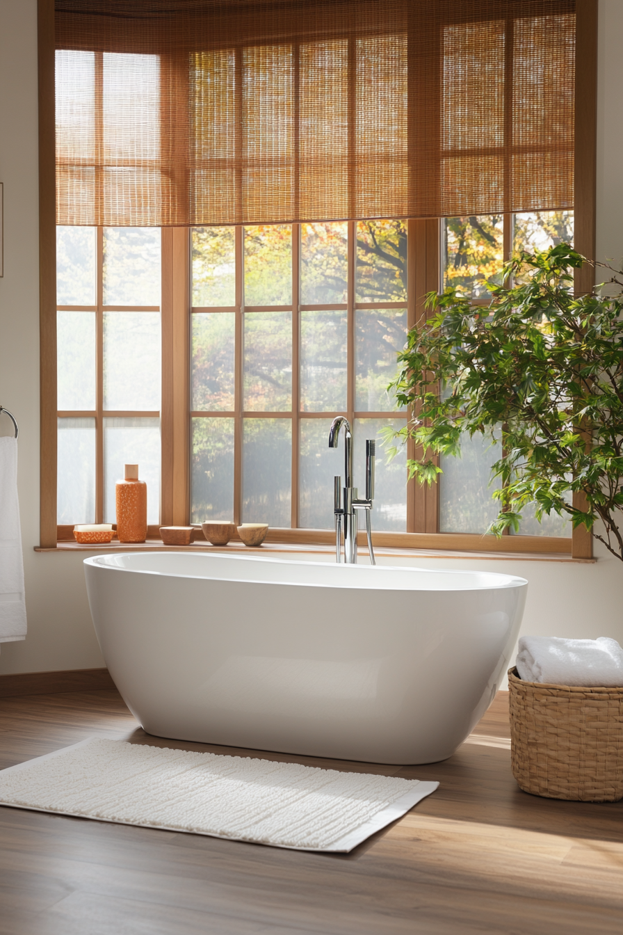 Freestanding soaking tub near a large window in Japandi bathroom