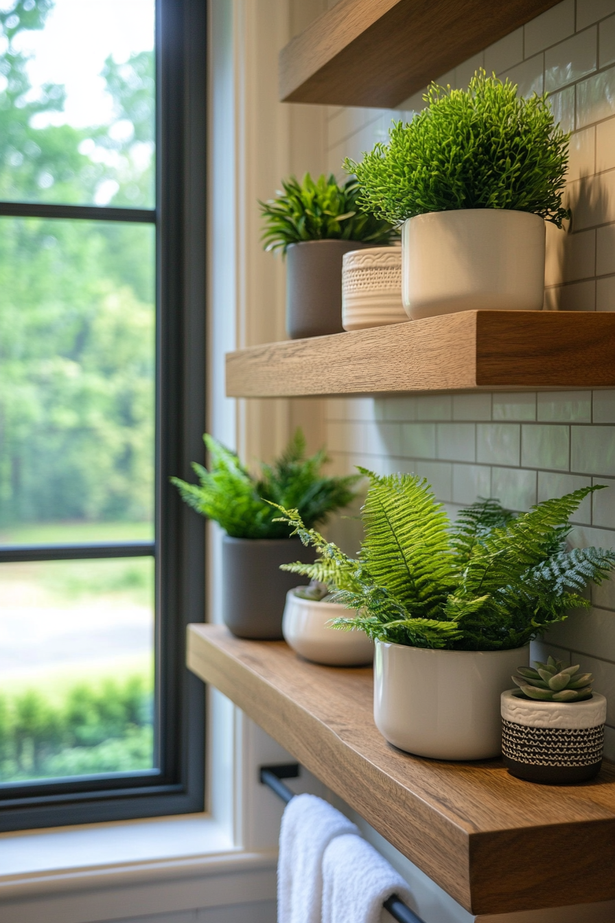 Minimal plants in ceramic white planters for Japandi bathroom