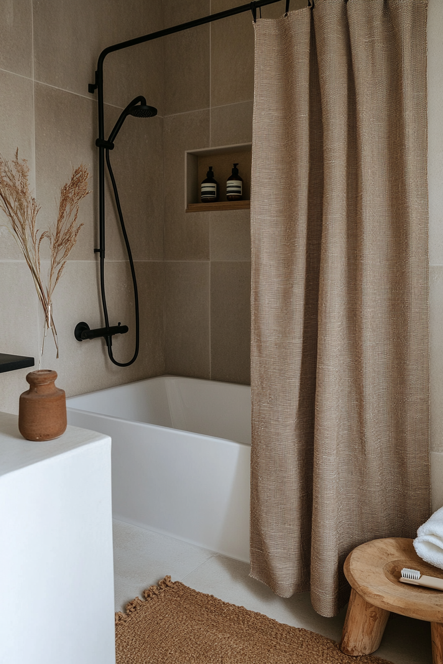 Woven textured shower curtain in earth tones for Japandi bathroom