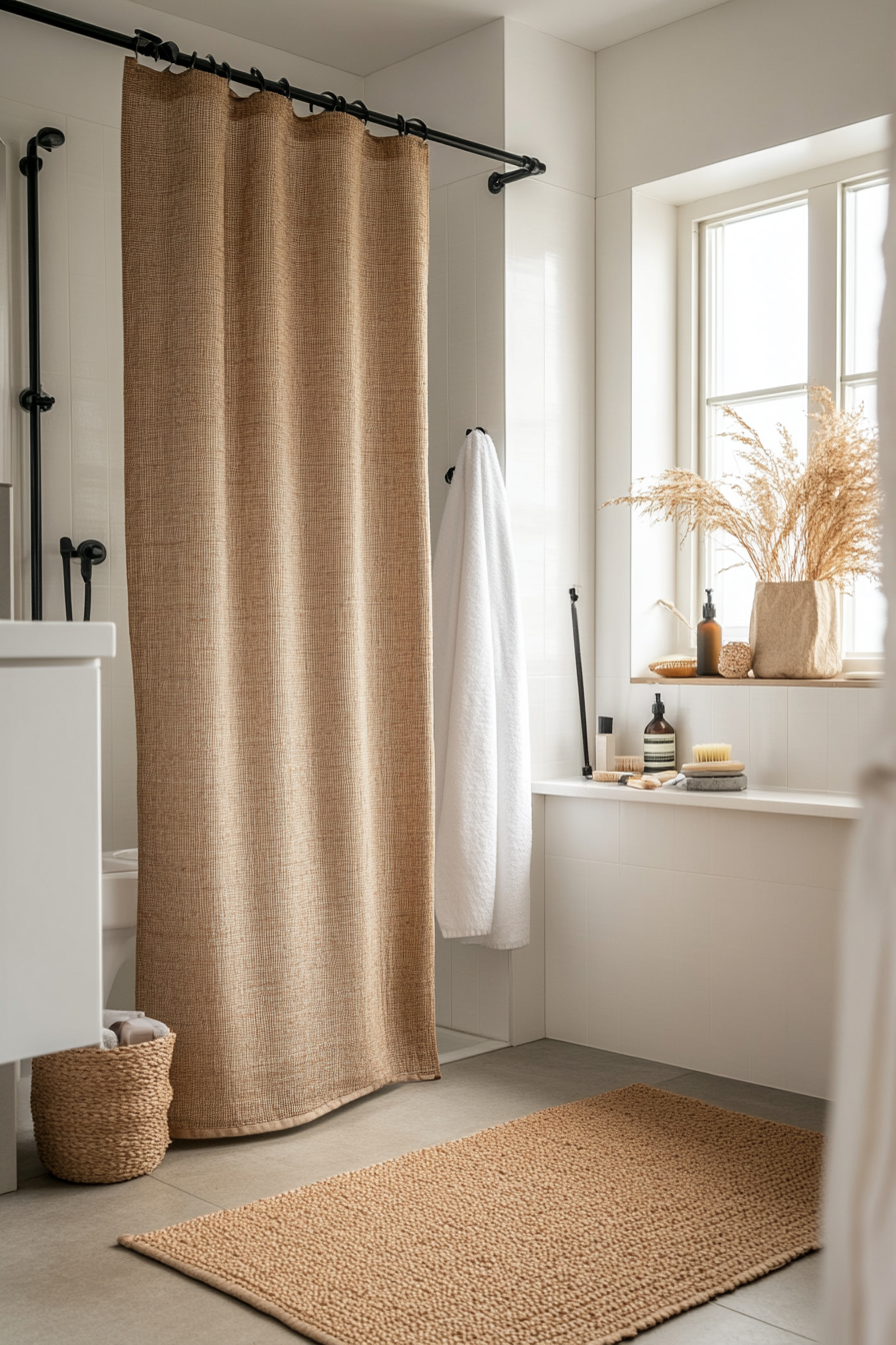 Woven textured shower curtain in earth tones for Japandi bathroom