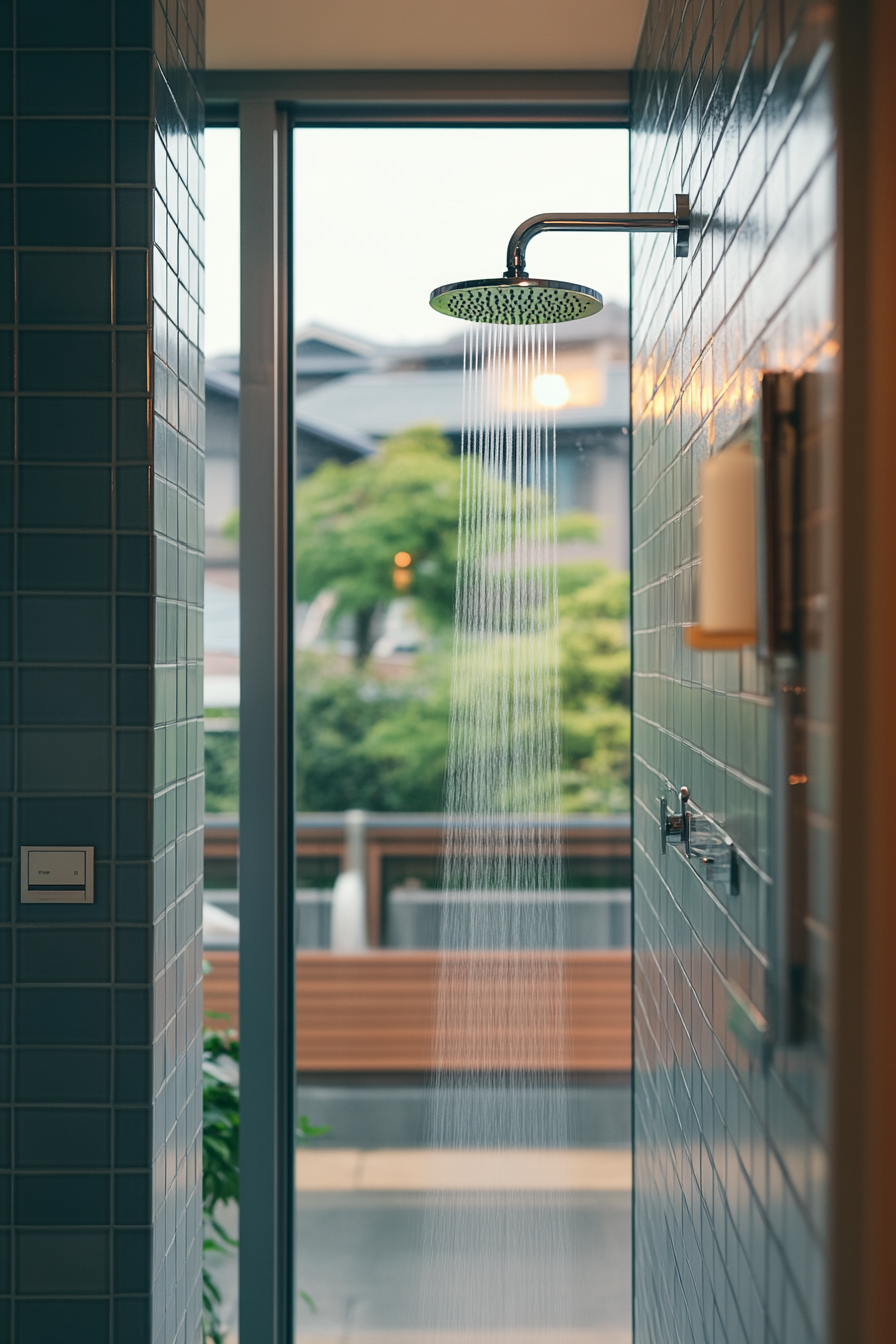 Open shower concept with rainfall head in Japandi bathroom