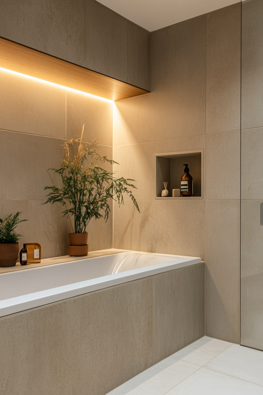 Recessed wall niches for subtle decor in Japandi bathroom