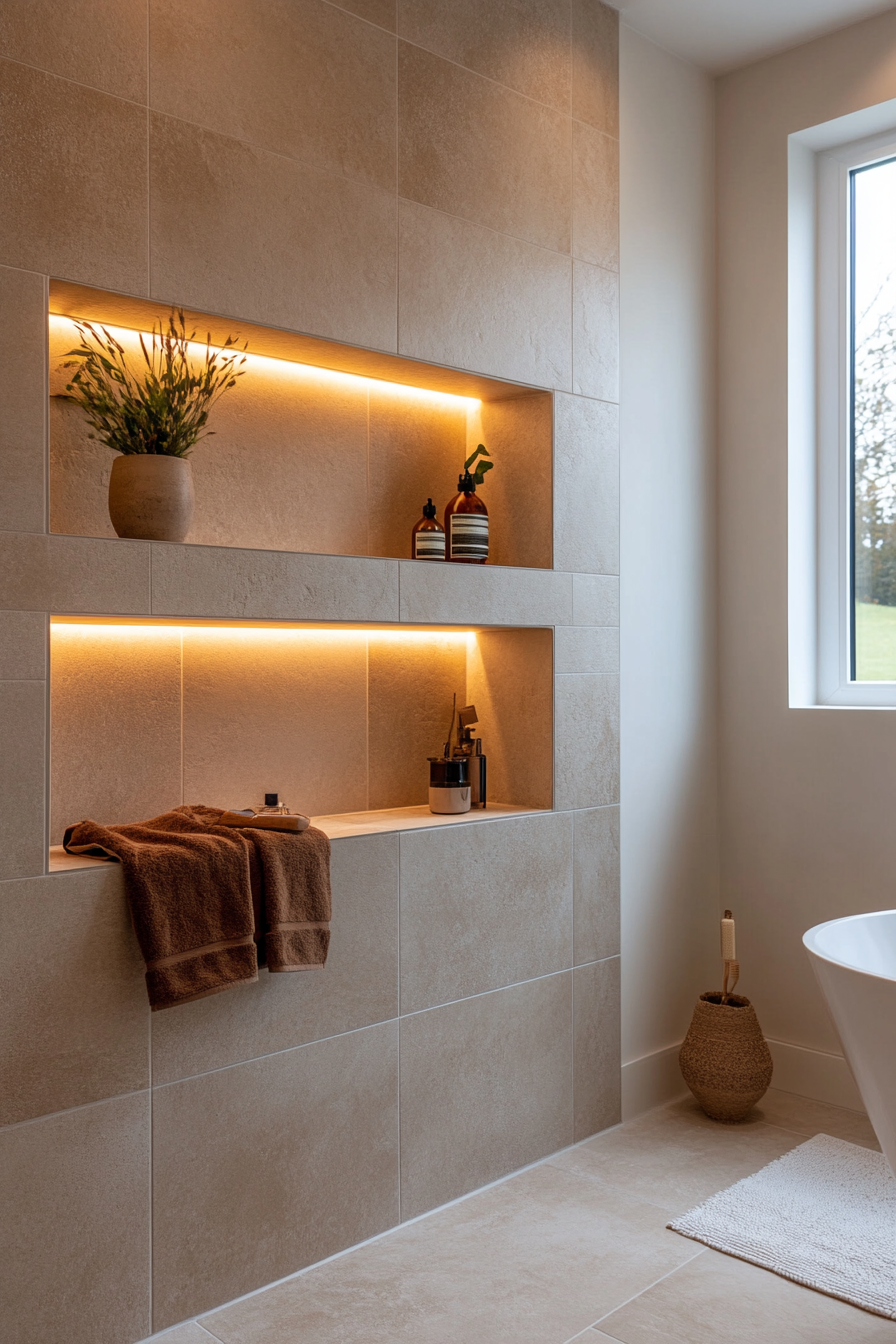 Recessed wall niches for subtle decor in Japandi bathroom
