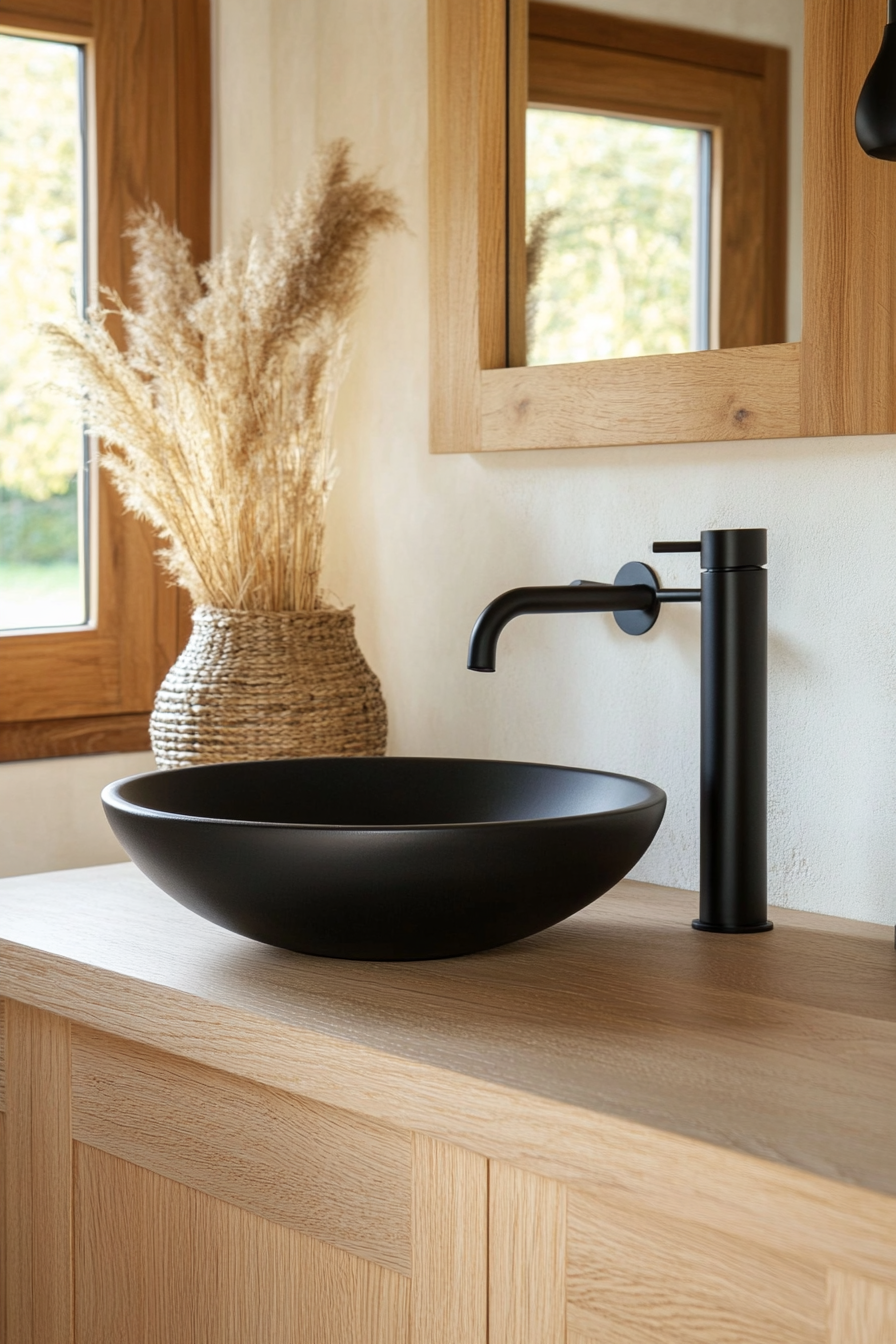 A minimalist wooden vanity with clean lines, perfect for Japandi bathrooms