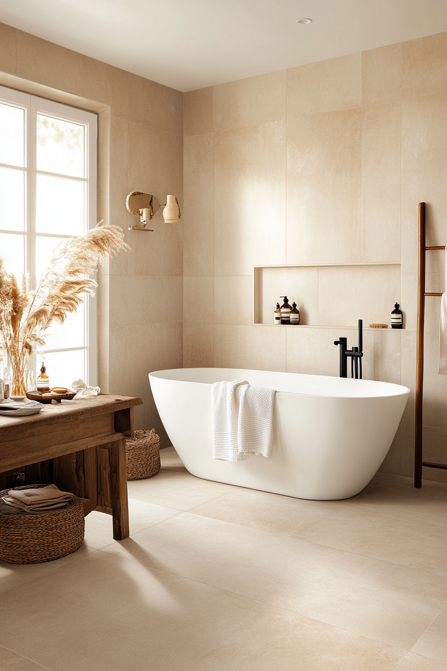 Neutral color palette with subtle textures for Japandi bathroom