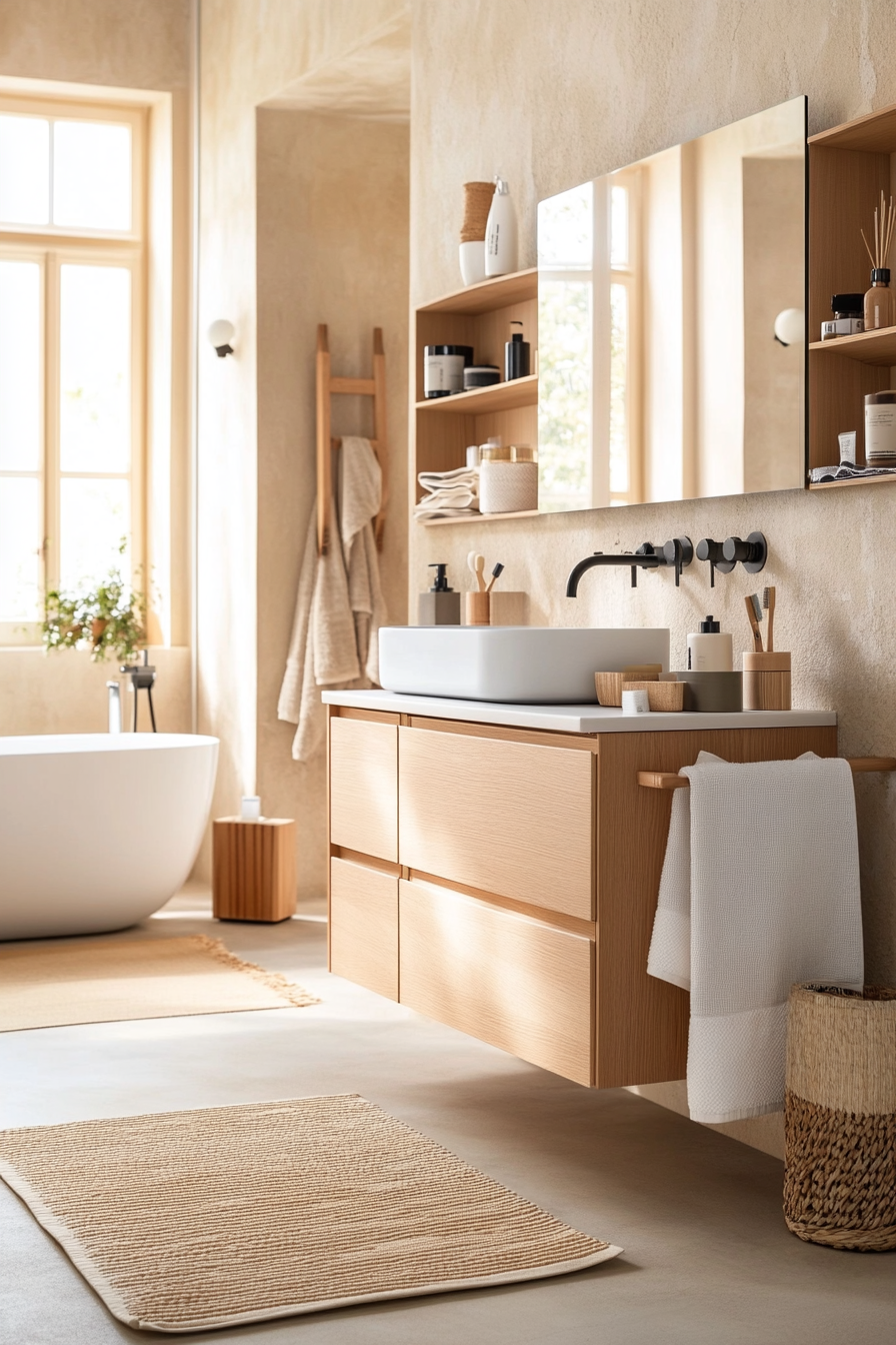 Integrated storage solutions, hidden from view in Japandi bathroom
