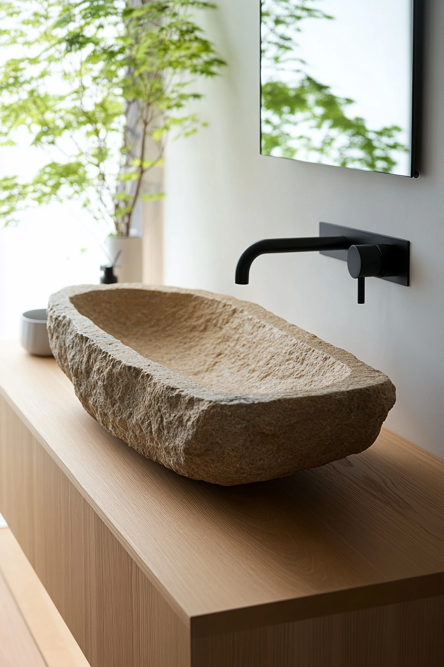 Natural stone sink with matte fixtures for a Japandi bathroom
