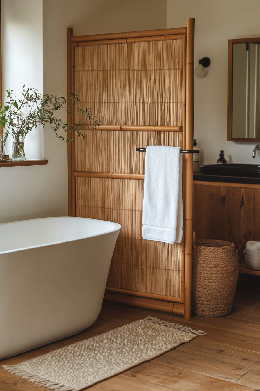 Soft, folding bamboo shower screen in Japandi bathroom