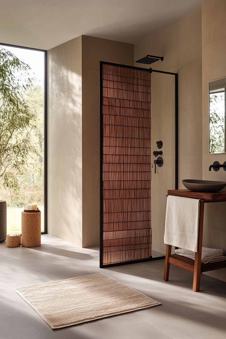 Soft, folding bamboo shower screen in Japandi bathroom