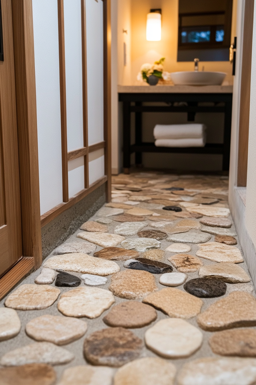 Zen-inspired pebble floor with drainage for Japandi bathroom