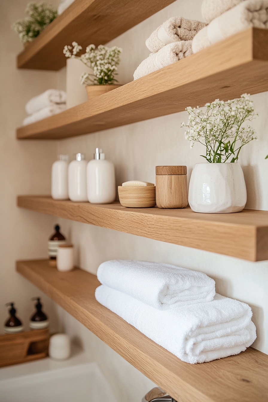 Floating shelves in light oak wood in Japandi bathroom