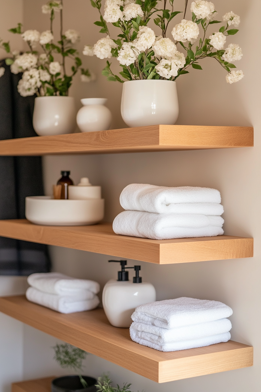 Floating shelves in light oak wood in Japandi bathroom