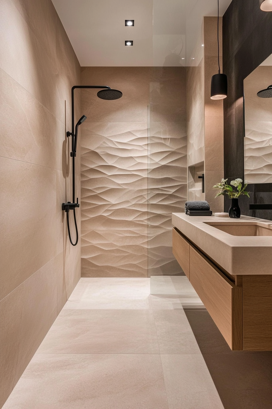 Monochromatic tiles with organic geometric patterns in Japandi bathroom