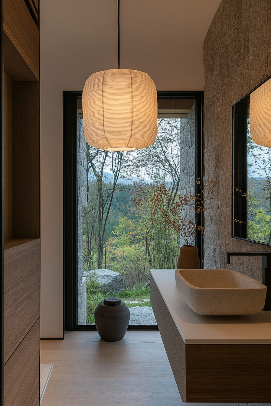 Warm lighting with paper lantern shade in Japandi bathroom