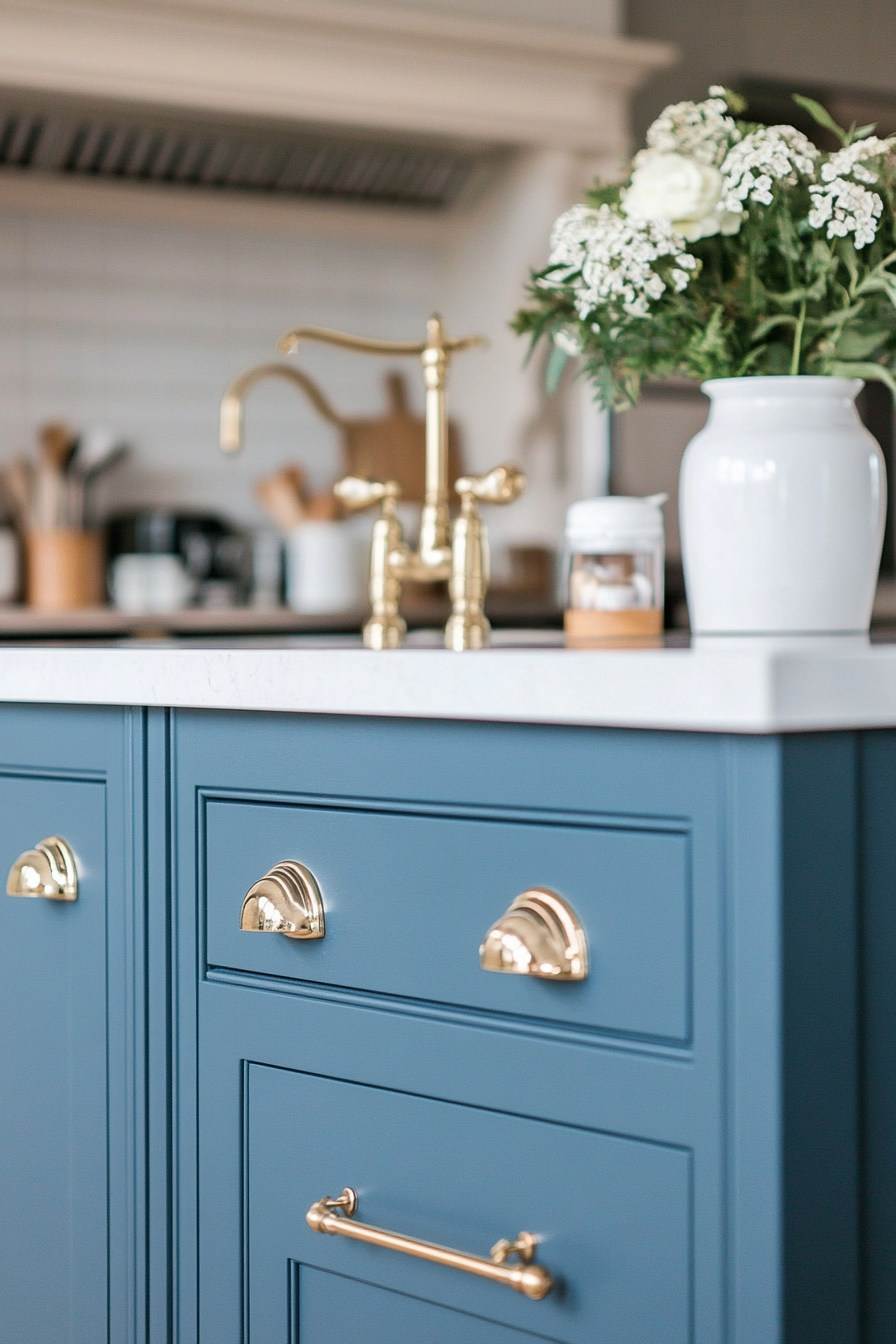 Blue-painted kitchen island with brass hardware details