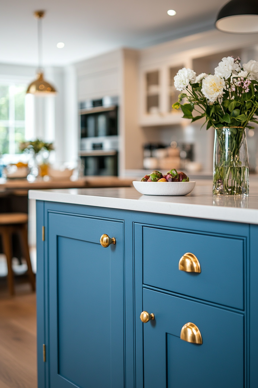 Brass hardware detail on blue-painted kitchen island
