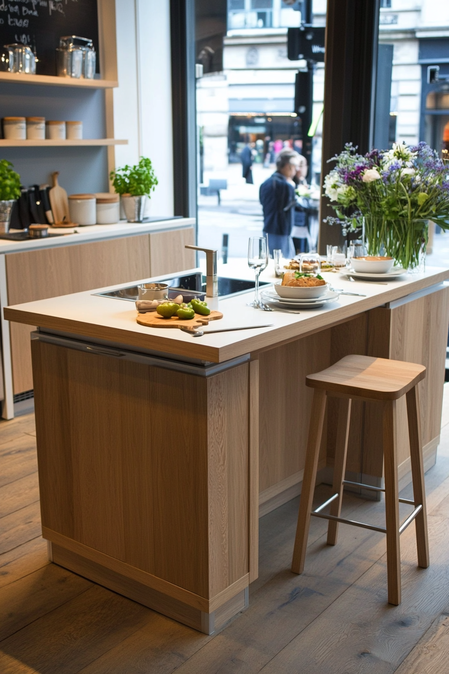 Compact kitchen island with fold-down breakfast bar