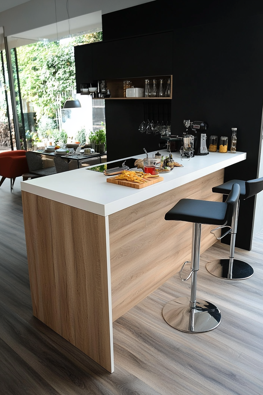 Fold-down breakfast bar on compact kitchen island