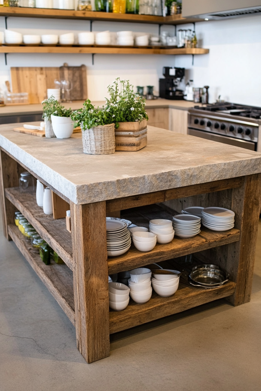 Natural stone top with wooden base detail on kitchen island