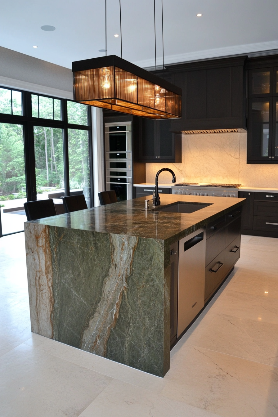 Green marble island with black accents for a bold and elegant look