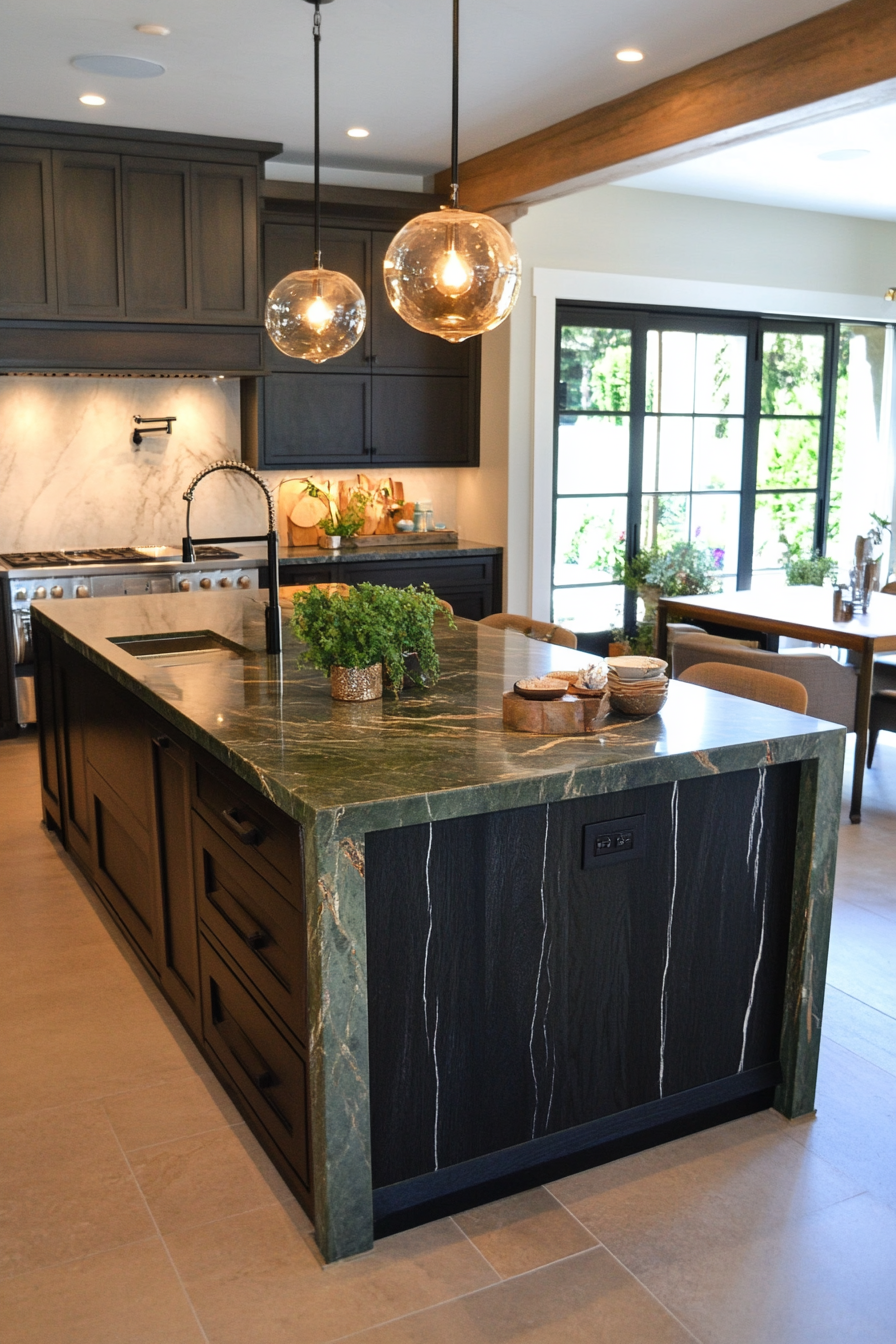 Close-up of green marble and black accent details on kitchen island