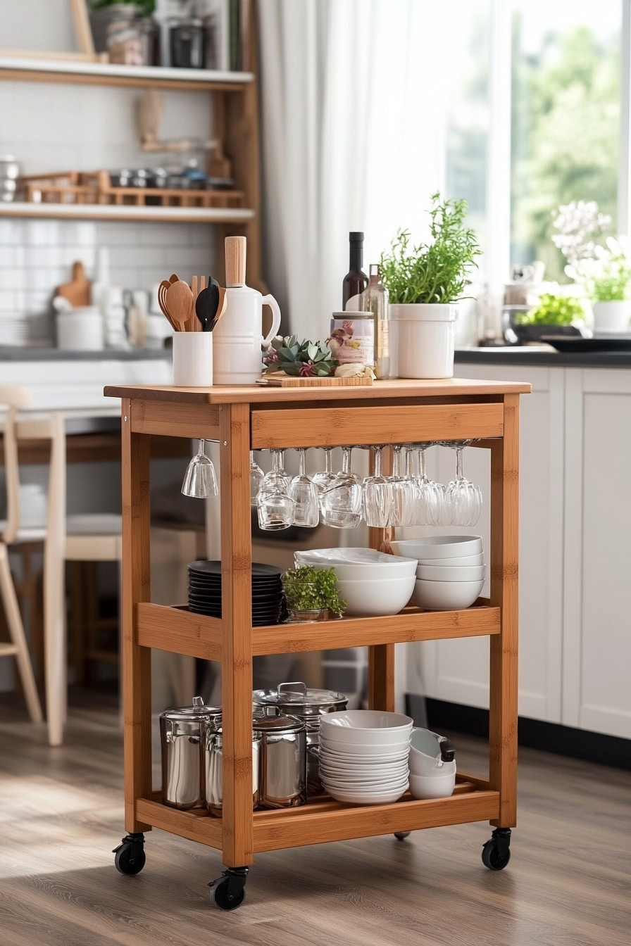 Movable kitchen cart with cutting board for added functionality