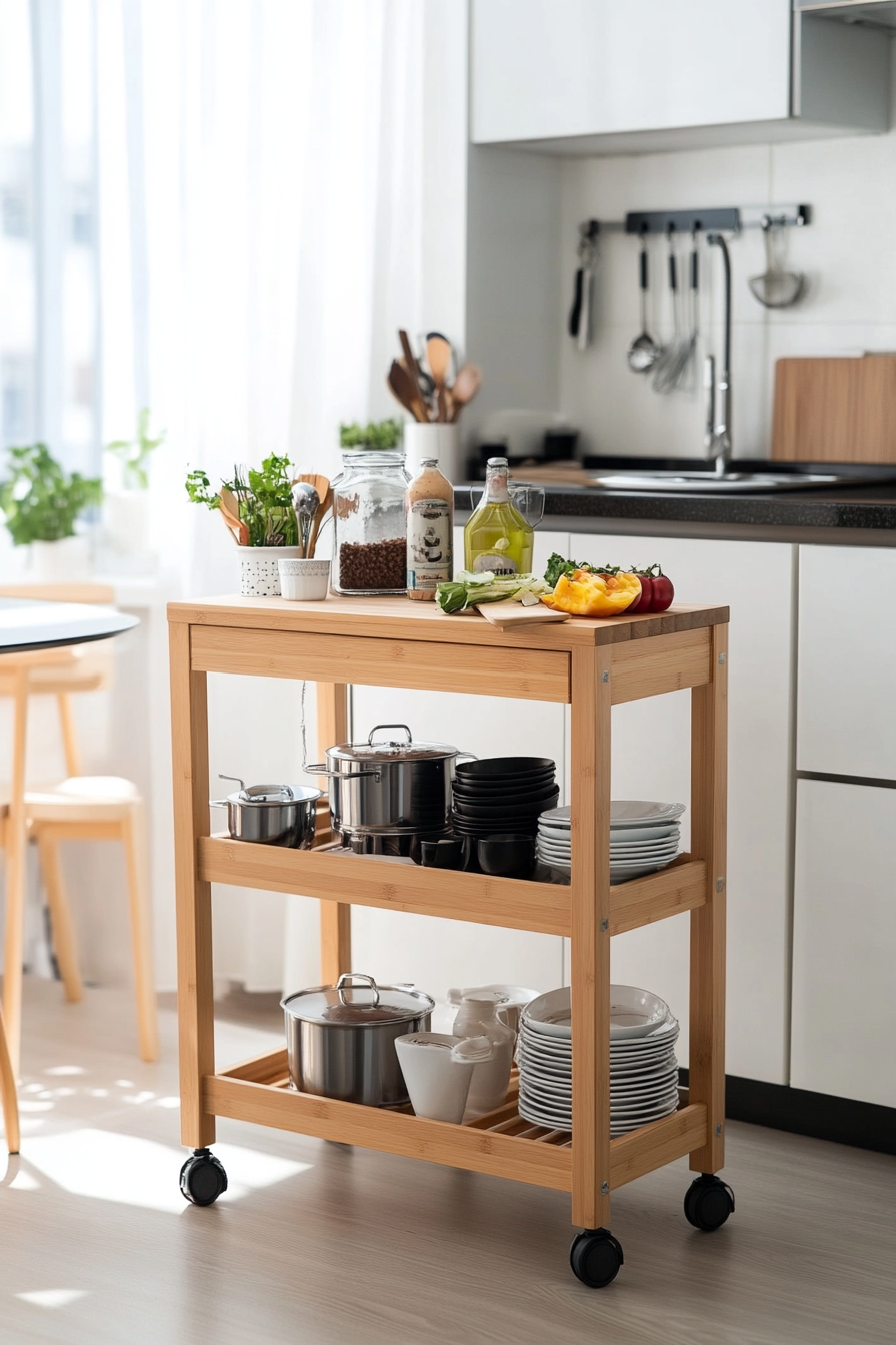 Cutting board detail on movable kitchen cart