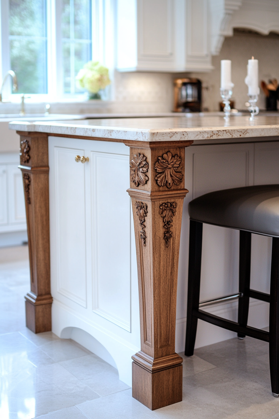 Vintage-inspired island with antique brass fixtures