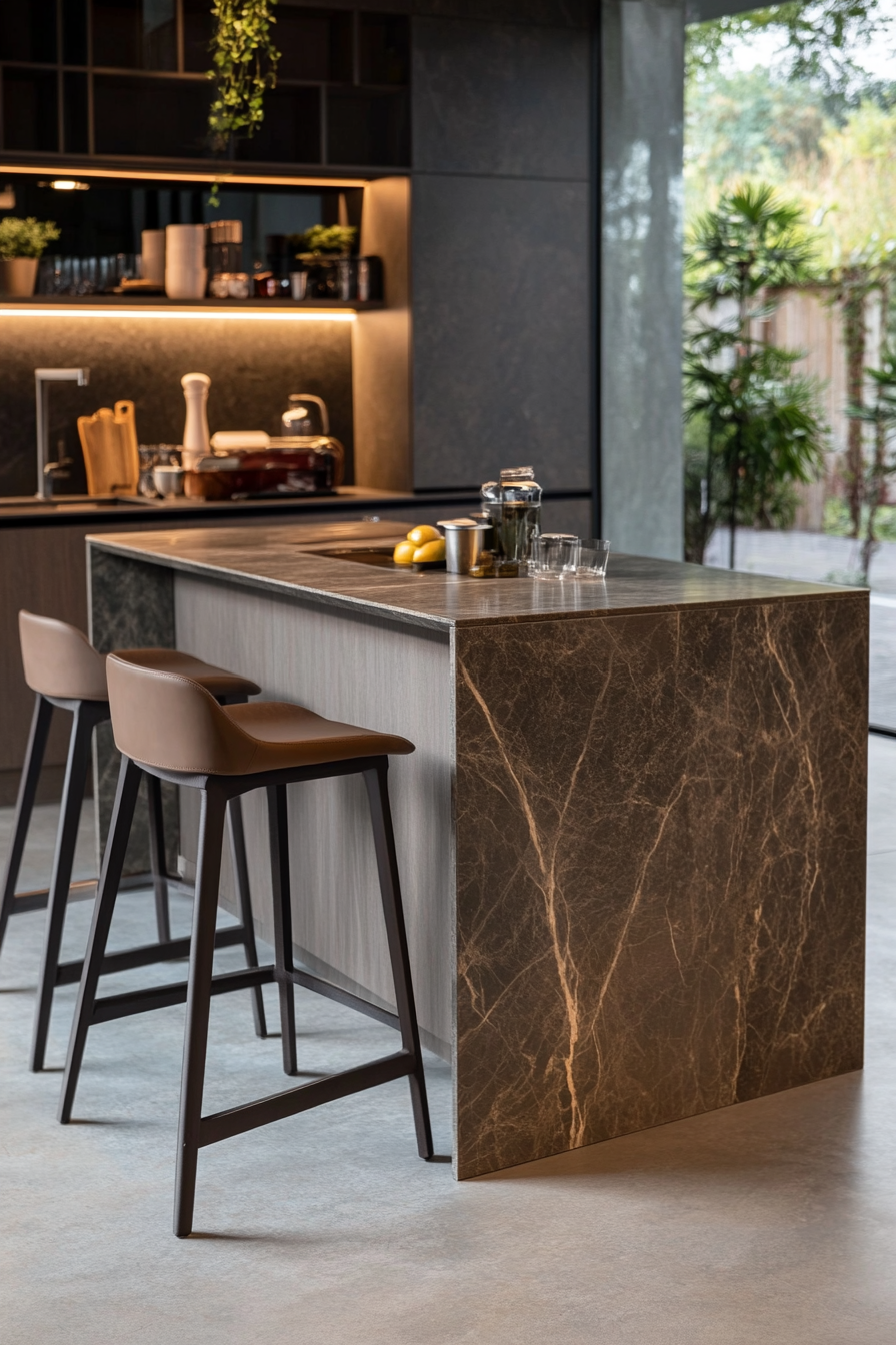 Waterfall edge detail on marble kitchen island
