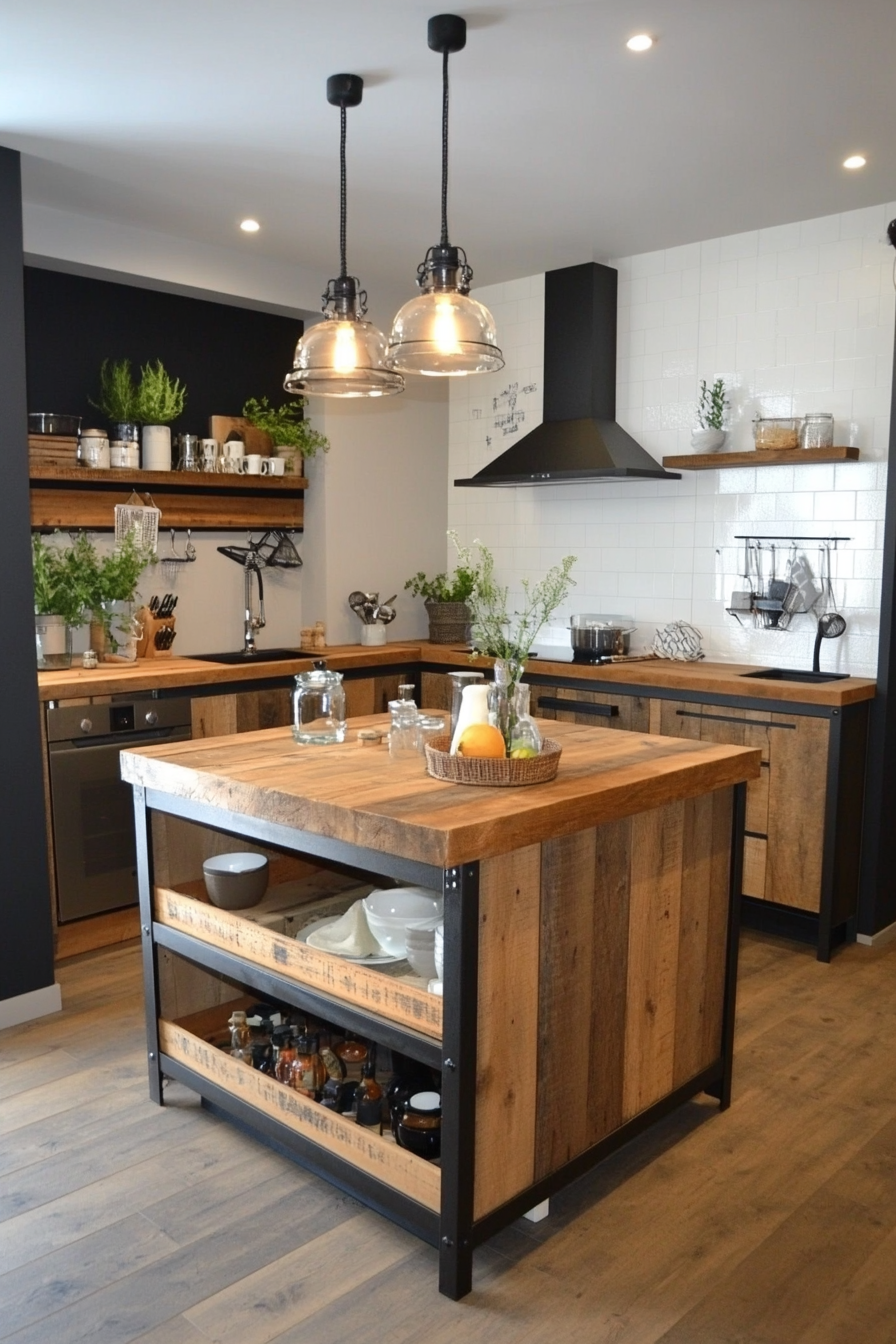 Metal frame with reclaimed wood accents on kitchen island