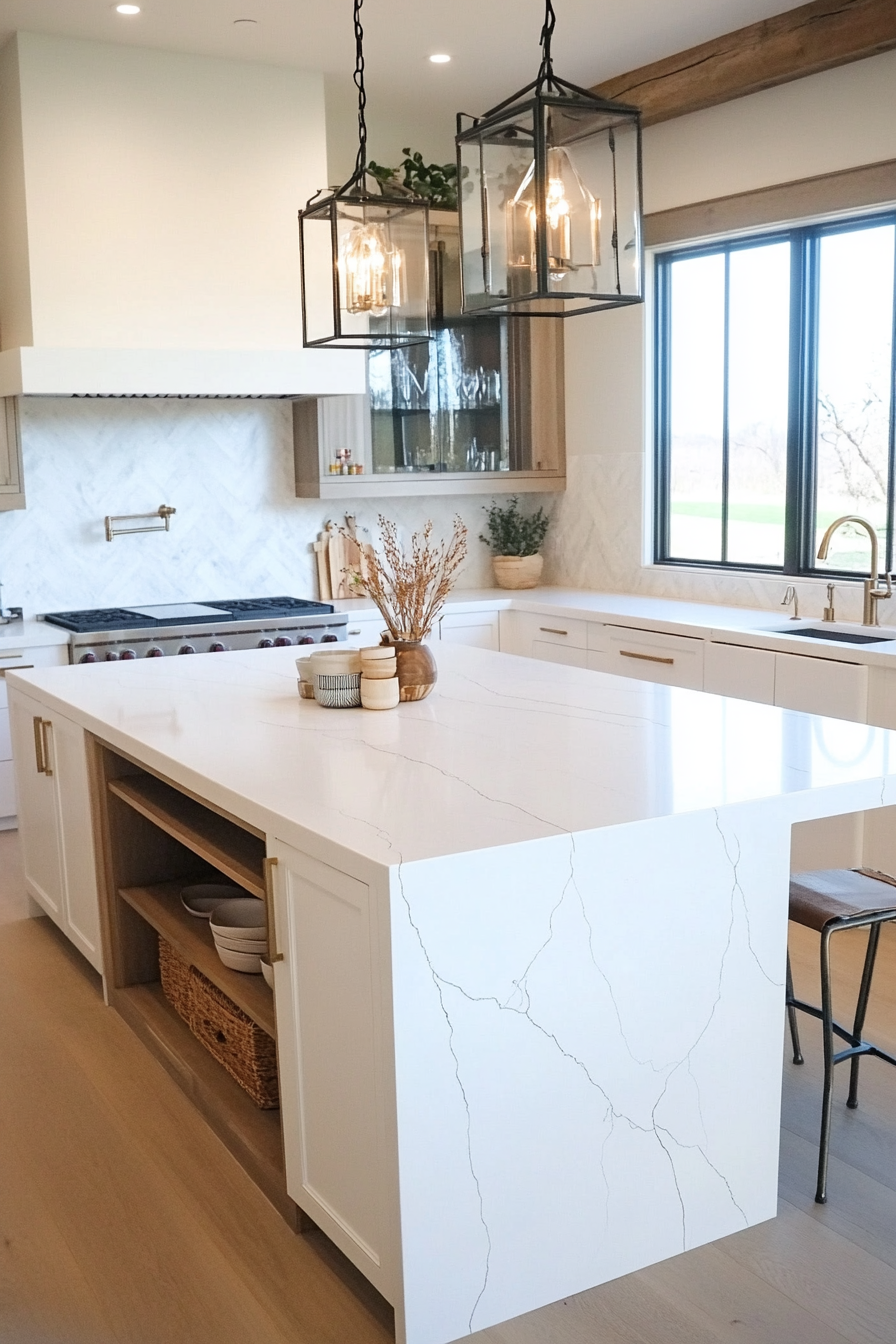Bright white quartz island with hidden storage