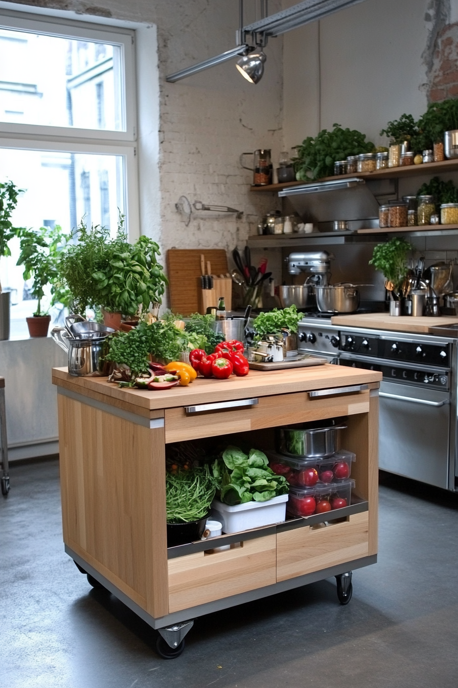 Rolling kitchen island with drop-leaf sides for flexibility