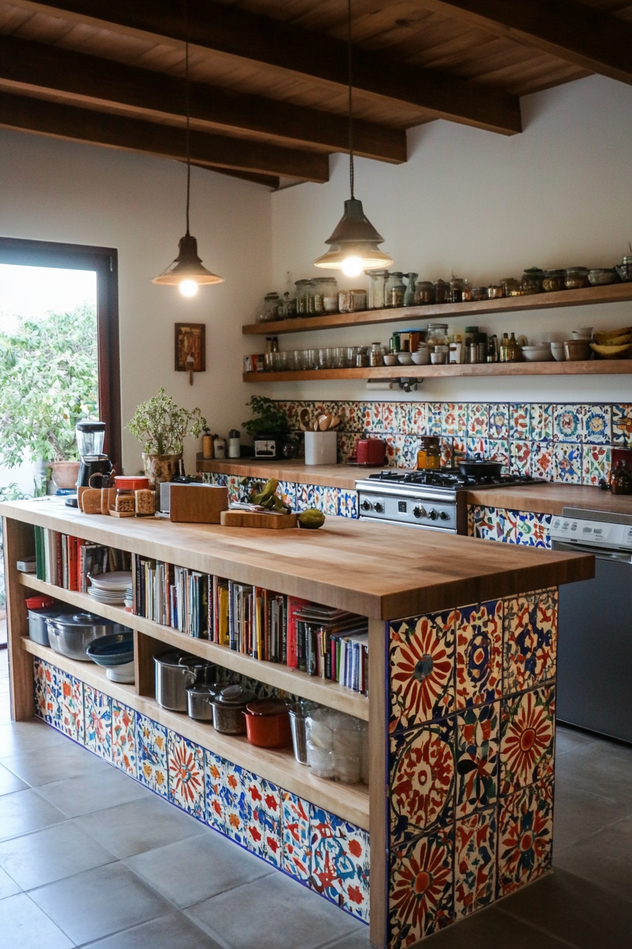 Tiled surface detail with shelves for cookbooks on kitchen island