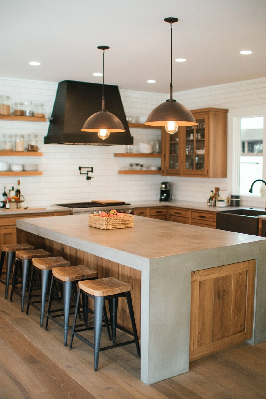 Minimalist concrete island with pendant lighting