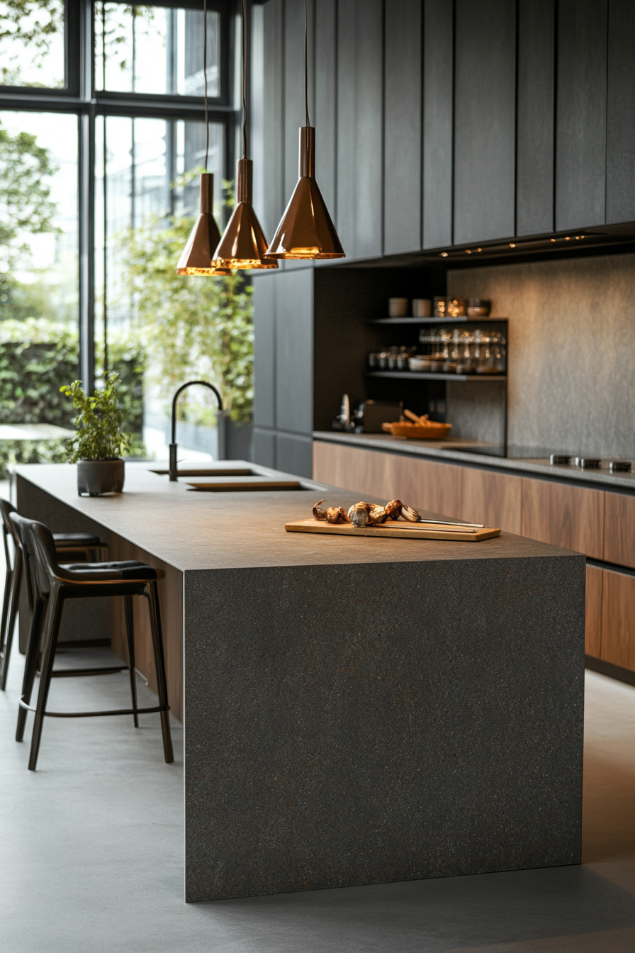 Close-up of pendant lights over concrete island