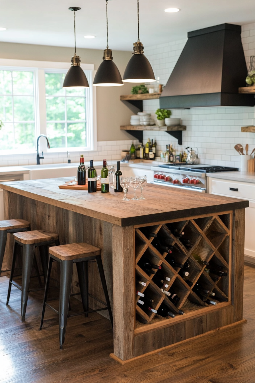 Farmhouse kitchen island with built-in wine rack