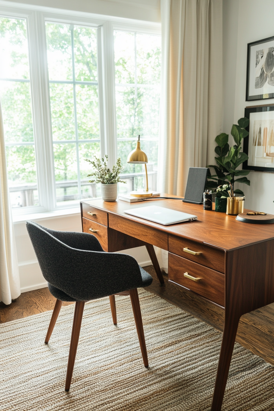 Mid-century modern office with walnut and teak accents