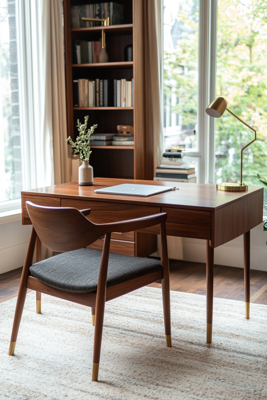 Close-up of teak furniture in a mid-century modern workspace