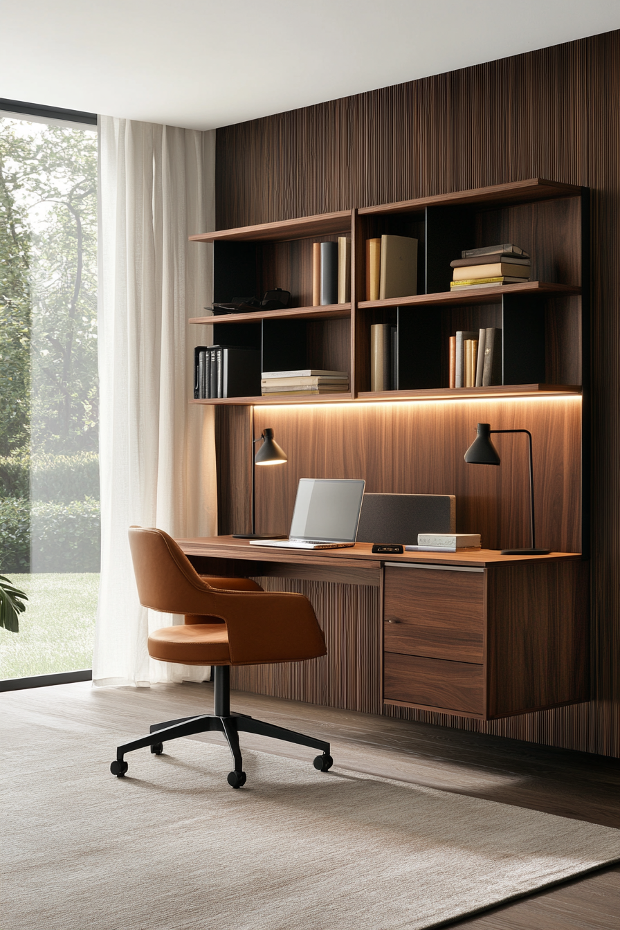 Close-up of modular wall unit in mid-century modern office