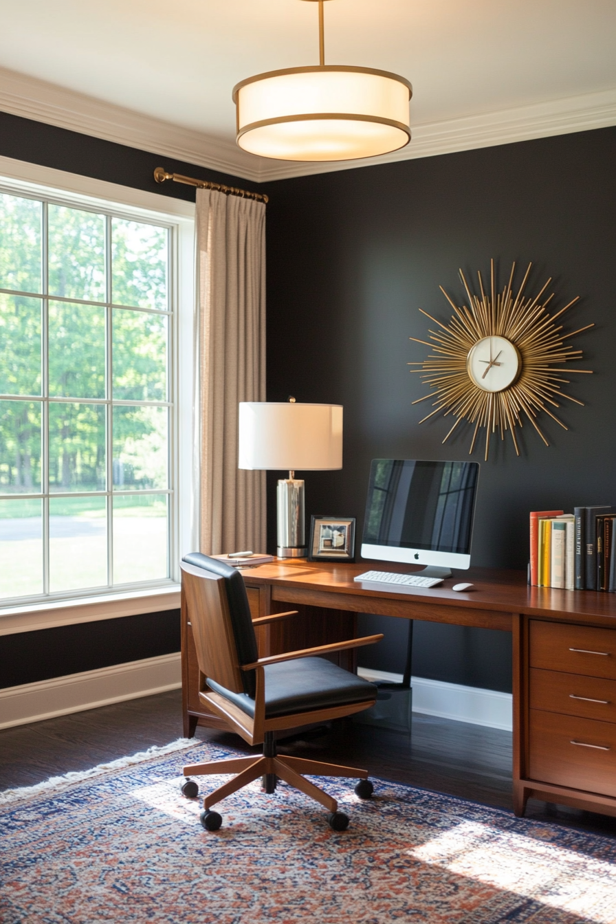Close-up of vintage-inspired clock in a mid-century office