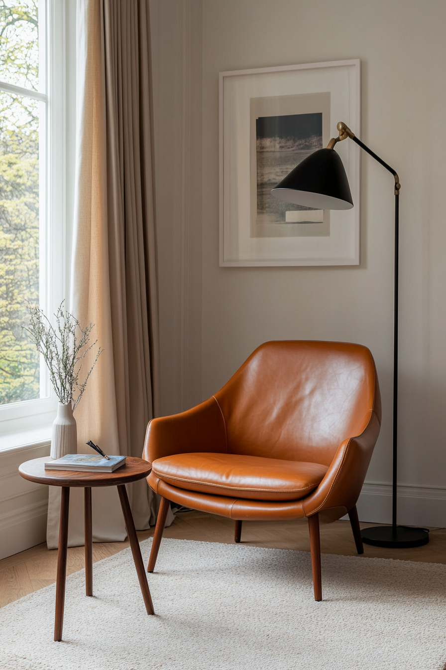 Close-up of leather lounge chair in mid-century modern office